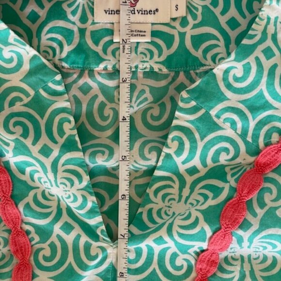 VINEYARD VINES Tunic Dress Geo Torquoise Print Coral Trim V Neck Long Sleeve S - Picture 16 of 17